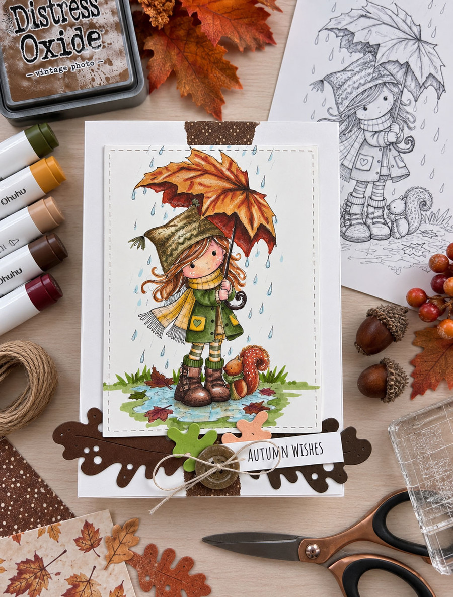 Autumn/Fall cute girl drawing under a leafy umbrella in the rain with squirrel, black and white digital stamp for card making craft, coloring, junk journal images, digi scrapbooking and planner printables – digitale Stempel, digitale stempels