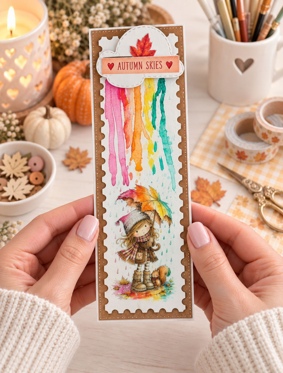 Autumn/Fall cute girl illustration under a colourful leafy umbrella in the rain with squirrel, precoloured image and color clipart for card making craft, junk journals, digi scrapbooking, stationery and planner printables – vorgefärbte Clipart, voorgekleurde clipart