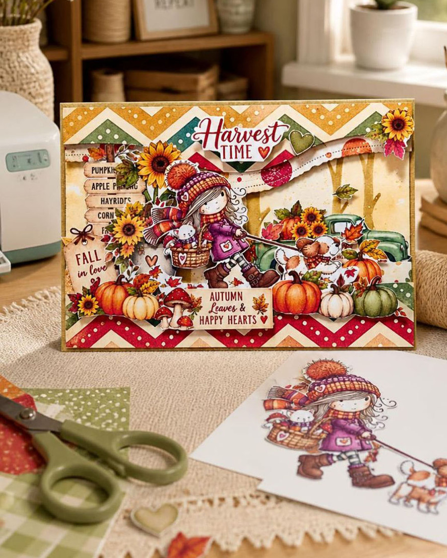 Autumn/Fall cute girl illustration walking a dog through colourful falling leaves with cat in toadstool basket, precoloured image and color clipart for card making craft, junk journals, digi scrapbooking, stationery and planner printables – vorgefärbte Clipart, voorgekleurde clipart