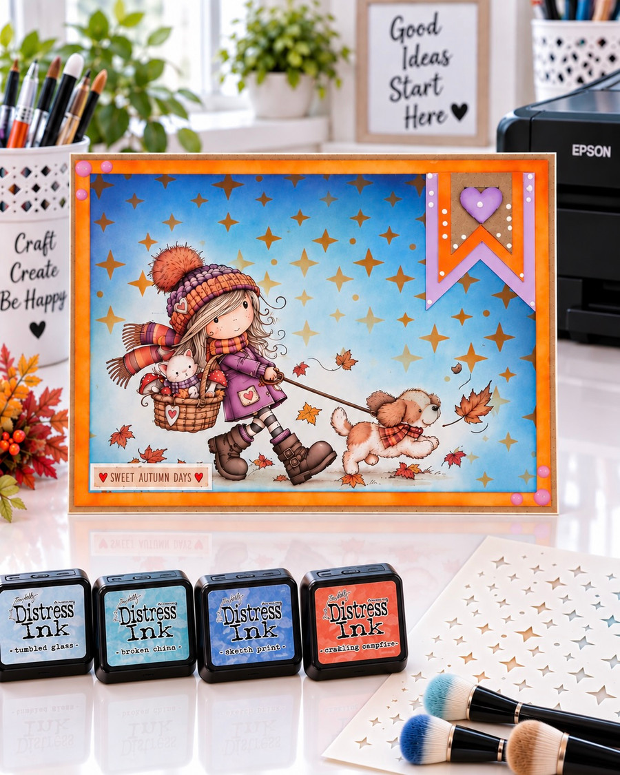 Autumn/Fall cute girl illustration walking a dog through colourful falling leaves with cat in toadstool basket, precoloured image and color clipart for card making craft, junk journals, digi scrapbooking, stationery and planner printables – vorgefärbte Clipart, voorgekleurde clipart