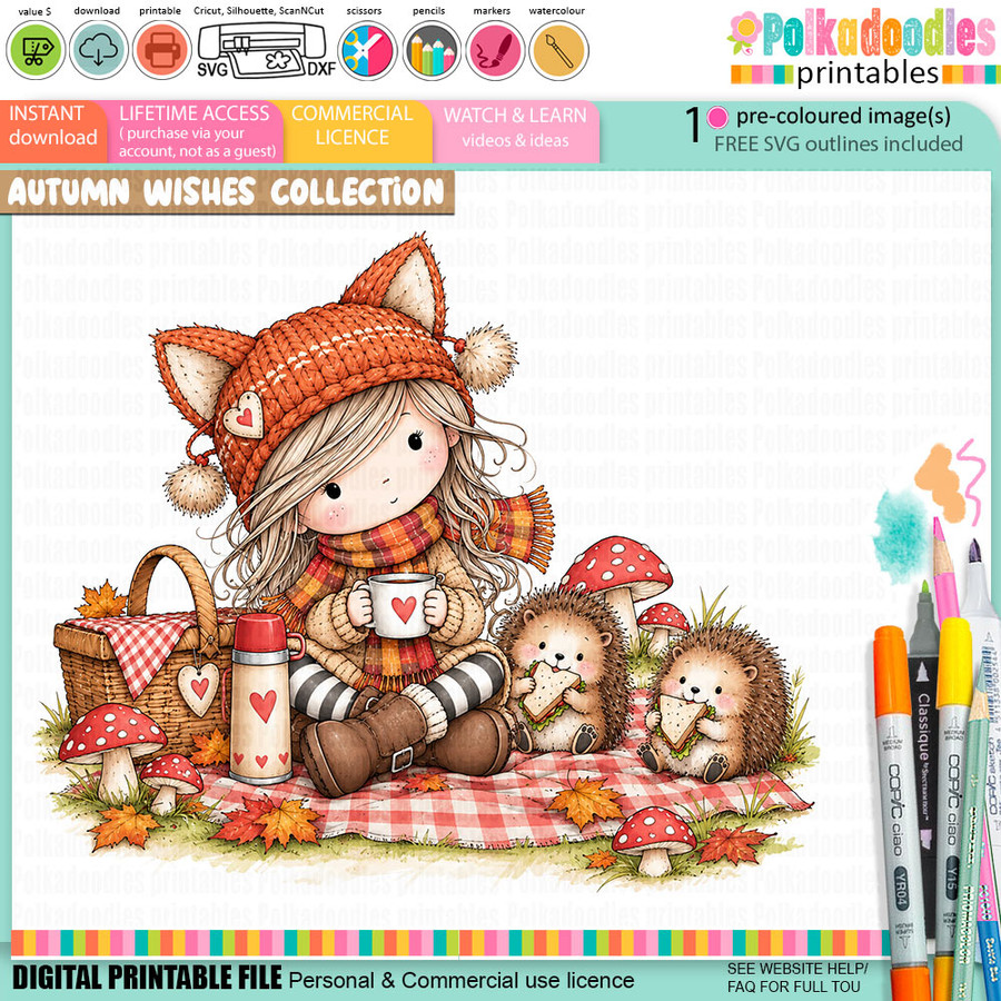 Autumn/Fall cute girl picnic illustration with hedgehogs, basket, hot drink and toadstools, precoloured image and color clipart for card making craft, junk journals, digi scrapbooking, stationery and planner printables – vorgefärbte Clipart, voorgekleurde clipart