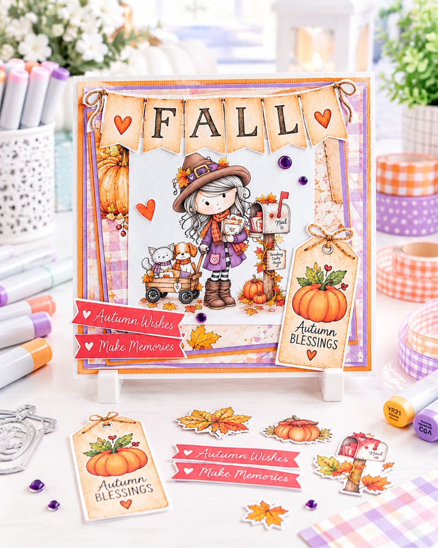 Autumn/Fall cute girl drawings digital craft bundle with 9 black and white stamps, 9 precoloured clipart images, SVG files, papers, greetings and ephemera for card making craft, junk journals, digi scrapbooking and planner printables – digitale Stempel, digitale stempels