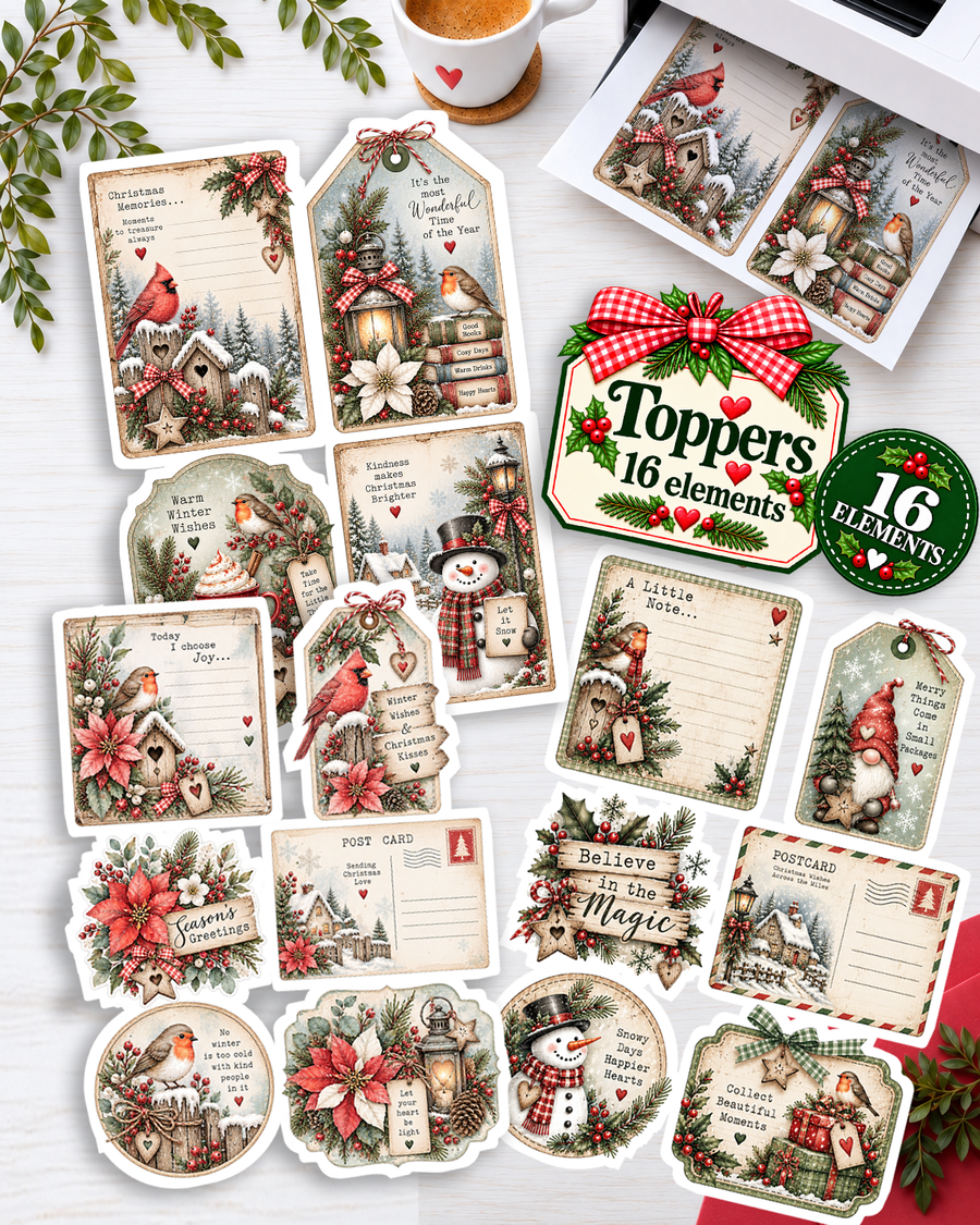 Christmas at the Cottage – Huge Christmas Printable Craft Bundle, Digital Stamps, Clipart, Papers, Card Templates & Ephemera for card making, printable crafting, junk journals, folios, planner elements, digital scrapbooking.