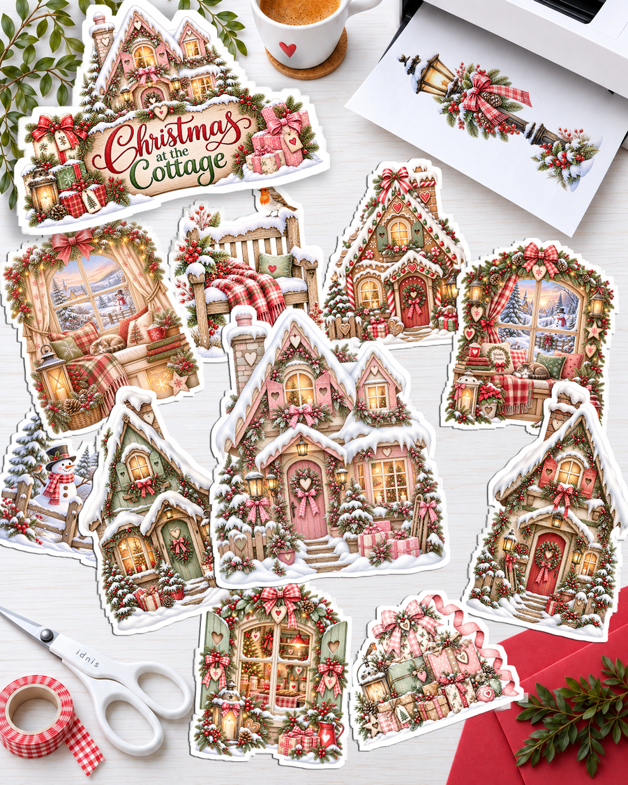 Christmas at the Cottage – Huge Christmas Printable Craft Bundle, Digital Stamps, Clipart, Papers, Card Templates & Ephemera for card making, printable crafting, junk journals, folios, planner elements, digital scrapbooking.