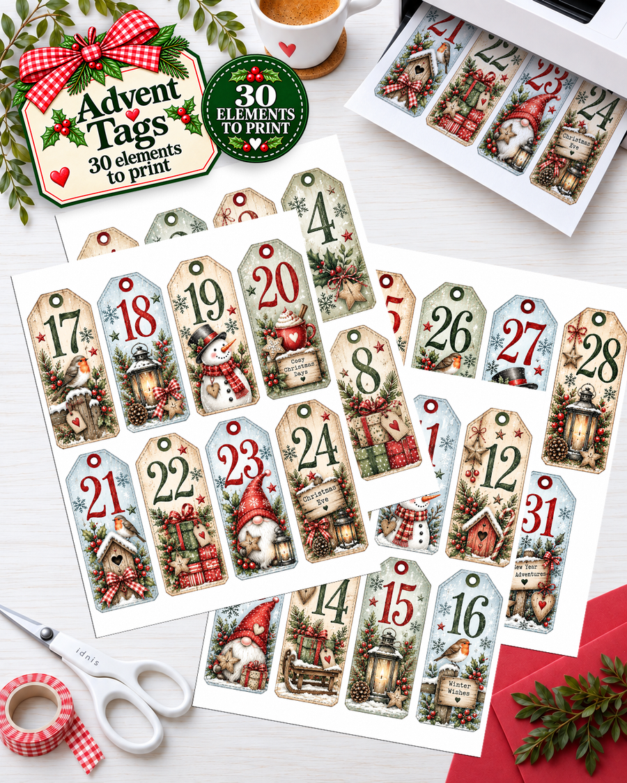 Advent Tags Christmas at the Cottage – printable Craft Bundle, Digital Stamps, Clipart, Papers, Card Templates & Ephemera for card making, printable crafting, junk journals, folios, planner elements, digital scrapbooking.