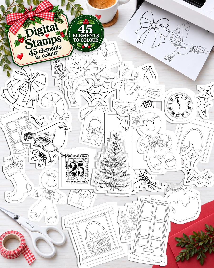 45 Christmas Holiday digital stamps for colouring -. Christmas at the Cottage Printable Craft Bundle – Christmas Printable Craft Bundle, Digital Stamps, Clipart, Papers, Card Templates & Ephemera for card making, printable crafting, junk journals, folios, planner elements, digital scrapbooking.