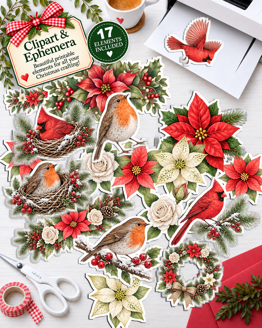 Christmas Holiday Christmas Holiday Birds & Flowers x 17 printables. Christmas at the Cottage Printable Craft Bundle – Christmas Printable Craft Bundle, Digital Stamps, Clipart, Papers, Card Templates & Ephemera for card making, printable crafting, junk journals, folios, planner elements, digital scrapbooking.