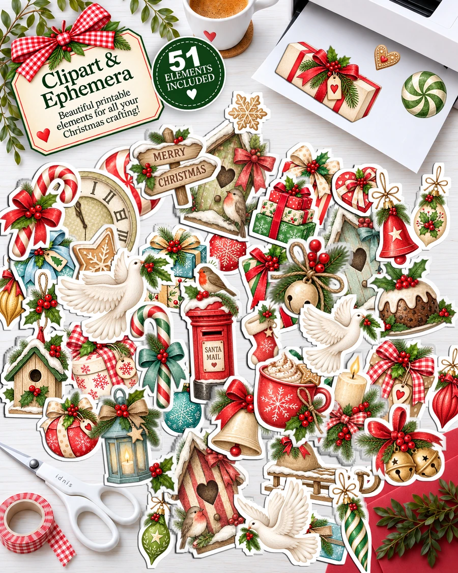 Christmas Holiday Ephemera clipart x 51 - printables. Christmas at the Cottage Printable Craft Bundle – Christmas Printable Craft Bundle, Digital Stamps, Clipart, Papers, Card Templates & Ephemera for card making, printable crafting, junk journals, folios, planner elements, digital scrapbooking.