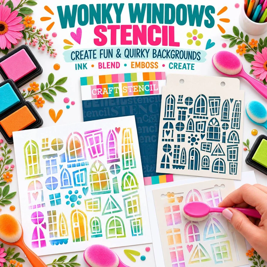 Wonky Windows stencil - card making and craft stencil.

One of our favourite stencil in 2026! This fun design features lots of wonky windows that are great for adding interest behind your crafty projects whether it's cards or mixed media projects.

Use with texture pastes and medium to create beautiful 3D textures and dimension or add inks and sprays and chalks to create a great pattern. A5 size design.