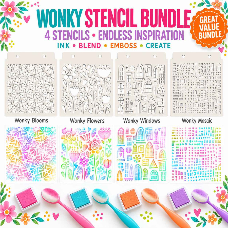 Wonky Stencils bundle - 4 card making and craft stencils.A great stencil bundle containing:Wonky Blooms,Wonky Flowers,Wonky Windows,Wonky Mosaic.These stencils are designed to give you a quirky feel to any craft project and are perfect for using with all your dimensional texture pastes and mediums. Inks, paints, chalks and pigments will all give an amazing look and finish with these fantastically different designs!