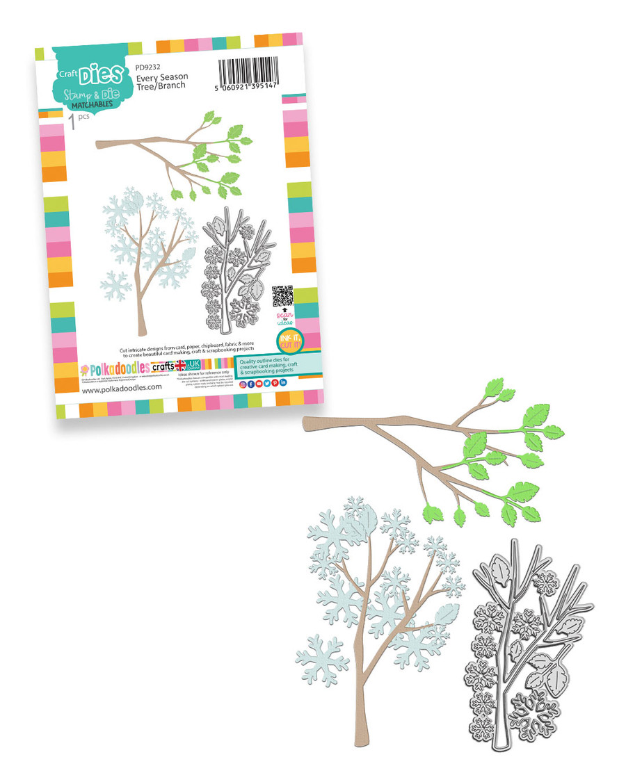 Every Season Tree & Branch craft dies- cutting dies for card making and crafts, junk journaling, planner crafts, scrapbooking.

This great die set features a lovely large branch which can also be used as a tree if you position it vertically. A bunch of snowflakes and leaves are also included so you can use it all year round. The best part is all the pieces are connected to make die cutting much faster and easier!