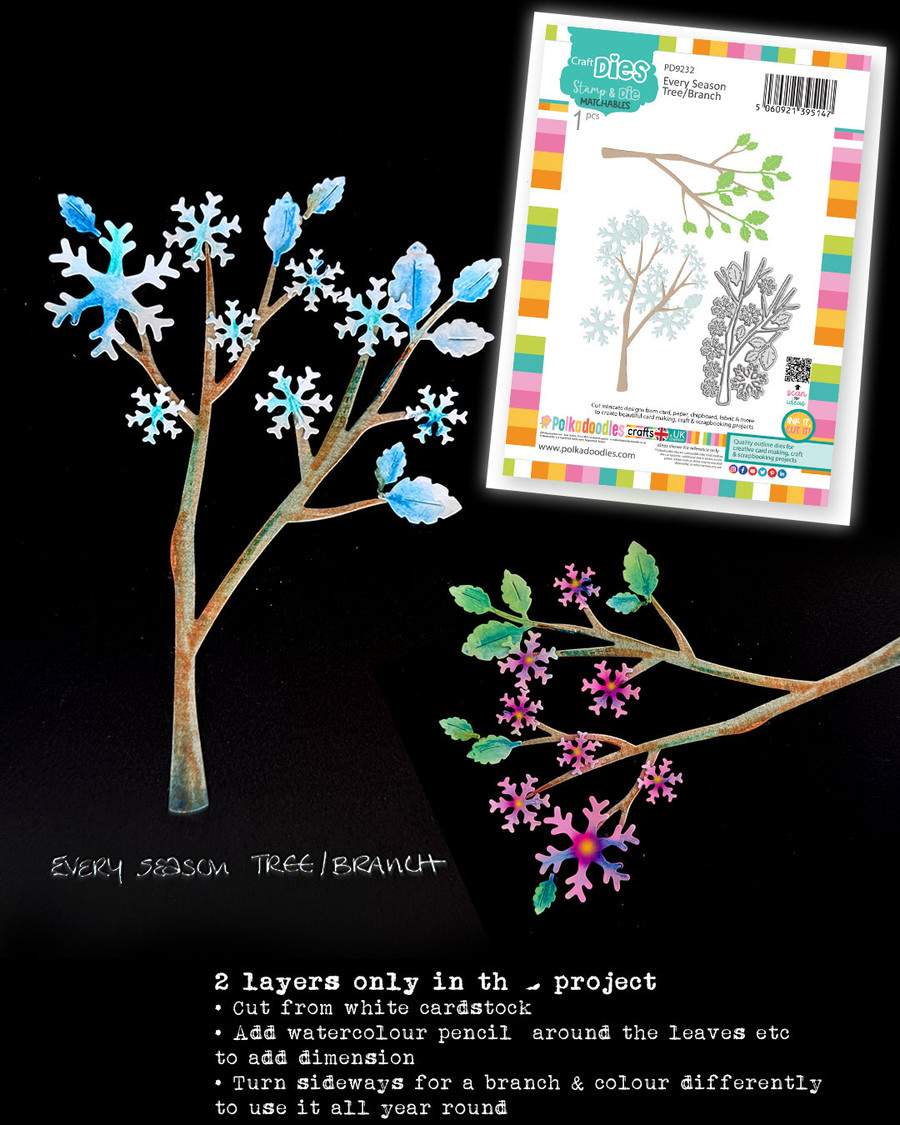 Every Season Tree & Branch craft dies- cutting dies for card making and crafts, junk journaling, planner crafts, scrapbooking.

This great die set features a lovely large branch which can also be used as a tree if you position it vertically. A bunch of snowflakes and leaves are also included so you can use it all year round. The best part is all the pieces are connected to make die cutting much faster and easier!
