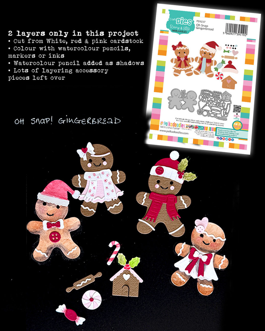 Oh Snap Gingerbread craft dies- cutting dies for card making and crafts, junk journaling, planner crafts, scrapbooking.

Who doesn't love gingerbread at Christmas?!

This die set has 2 gingerbread people complete with different hats, scarves, buttons and bows to dress them up! SO adorable! There are intricate dies for the icing decorations, a rolling pin, gingerbread house, candy cane, holly and sweets too - you'll have so much fun with this die set!

The best part is we tried to make all the colour co-ordinated pieces connected together to make your die cutting much faster and easier! It's adorable!