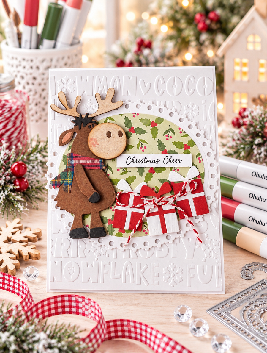 Merry Moosemas craft dies- cutting dies for card making and crafts, junk journaling, planner crafts, scrapbooking.

It MOOSE be Christmas!

This adorable Moose is approx 10cm/4" tall and is SO cute! He comes complete with layered antlers, a scarf and has gifts to bring to the party so you can go all out and assemble him in the colours you wish - you'll love being able to use your scraps for this die!

The best part is all the pieces are connected to make die cutting much faster and easier!