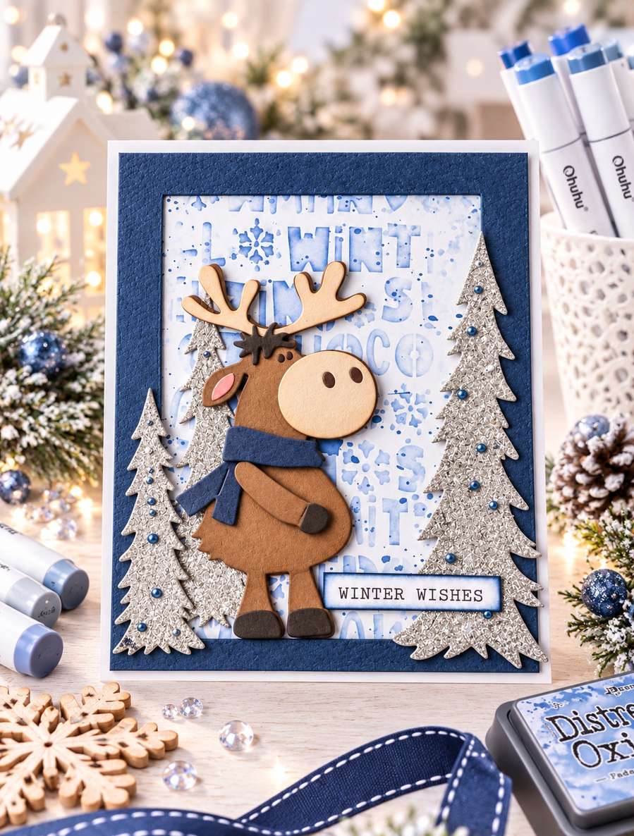 Merry Moosemas craft dies- cutting dies for card making and crafts, junk journaling, planner crafts, scrapbooking.

It MOOSE be Christmas!

This adorable Moose is approx 10cm/4" tall and is SO cute! He comes complete with layered antlers, a scarf and has gifts to bring to the party so you can go all out and assemble him in the colours you wish - you'll love being able to use your scraps for this die!

The best part is all the pieces are connected to make die cutting much faster and easier!