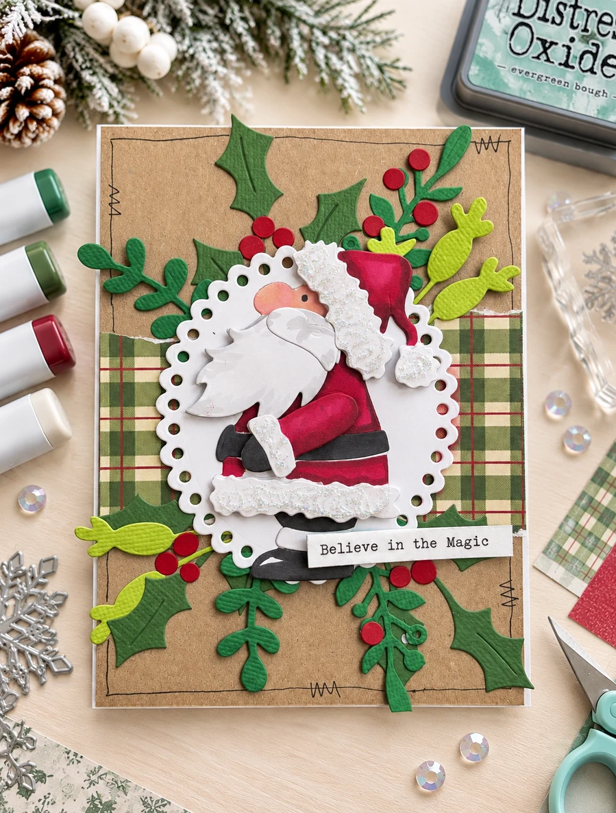 Ho Ho Secret Santa craft dies- cutting dies for card making and crafts, junk journaling, planner crafts, scrapbooking.

Here comes Santa! Measuring approx 8.5cm/3.75" tall this chunky Santa is so cute!

Complete with all the layered die cuts you need to make him look authentic, you can dress hum up and he even has a little gift to give too. Hes the perfect size for cards, tags and any other craft project and woul dlook adorable hung as a Bauble on the tree!

The best part is all the pieces are connected to make die cutting much faster and easier!