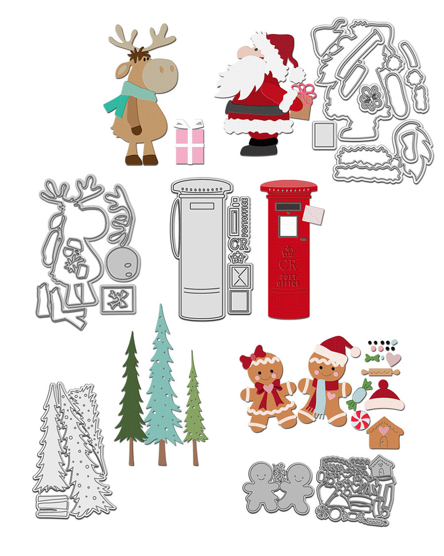 Snow & Sparkles craft dies bundle. 5 sets of cutting dies for card making and crafts, junk journaling, planner crafts, scrapbooking.Includes:Rustic Dotty Trees Trio die set,
Vintage Post Box die set,Merry Christmoose die set,Ho Ho Secret Santa die set,Oh Snap Gingerbread die set. Incredible value saving!
