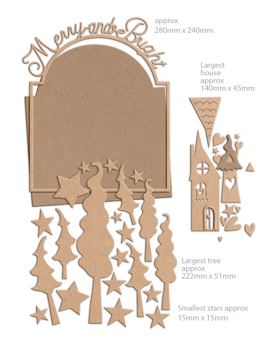 Merry & Bright Wonky Houses MDF wood craft blanks kit - for card making and crafts, mixed media crafting, junk journaling, planner crafts, scrapbooking, home decor crafting, craft fair sellers.

Includes 40 pieces, 3mm MDF:
Wreath measures approx 12"/30cm


Every crafter loves a Wonky MDF house! This MDF kit is fabulously versatile and you'll love decorating this!

Featuring a large Plaque/sign (approx 28cm tall) with a frame featuring the words Merry & Bright this is crying out for decorations and to use around the home or to gift to someone you love. Or - you can also sell this made up at a Craft Fair this season too!

A perfect piece to make a family heirloom that can be treasured for years to come.

Cover the base with card, paper, paints, inks and texture pastes to make it your own or use the pieces individually to get more from your kit. 3mm MDF.