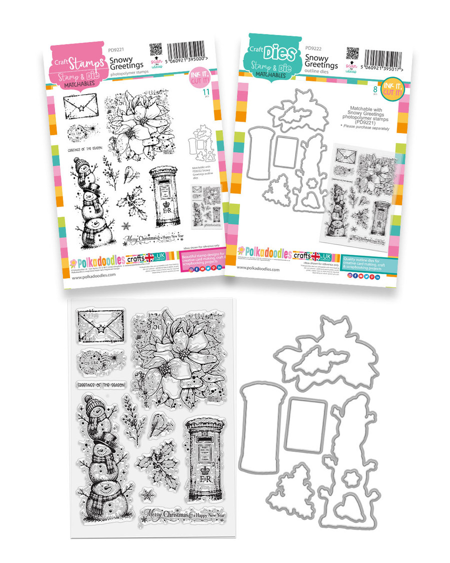 Snowy Greetings Snowman Christmas Holiday clear photopolymer stamps & co-ordinating outline dies bundle - stamps & dies for card making and crafts, junk journaling, planner crafts, scrapbooking.

Create gorgeous Christmas, winter and year-round projects with the Snowy Greetings Stamps & Dies Bundle, bringing together the 11-piece Snowy Greetings photopolymer stamp set and its 6-piece coordinating outline die set.

The stamp collection is packed with beautifully detailed artwork, including a stunning large floral design, a quirky stack of snowmen, traditional post box, envelope, bird, holly, foliage, postal details and greetings. Use the coordinating outline dies to cut selected stamped images quickly and easily, making it simple to add layers, dimension and fabulous focal points to your projects.
