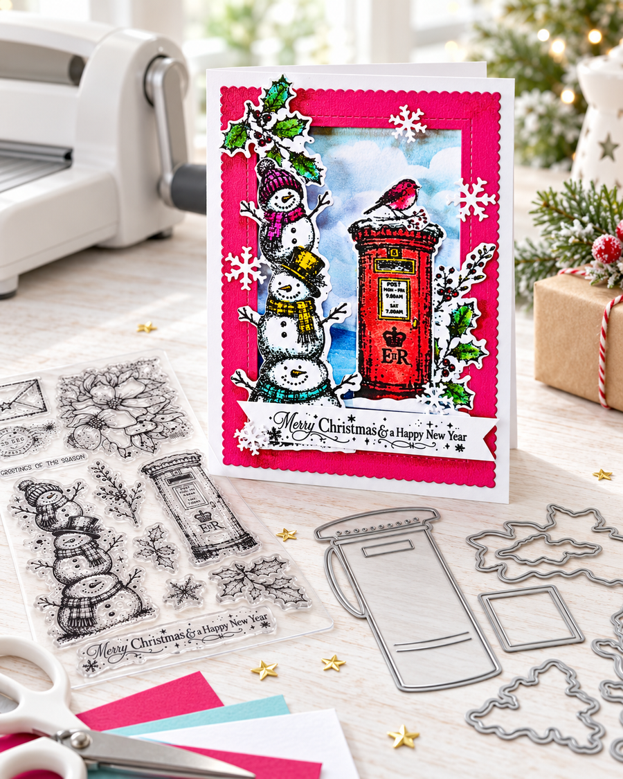 Snowy Greetings Snowman Christmas Holiday clear photopolymer stamps & co-ordinating outline dies bundle - stamps & dies for card making and crafts, junk journaling, planner crafts, scrapbooking.

Create gorgeous Christmas, winter and year-round projects with the Snowy Greetings Stamps & Dies Bundle, bringing together the 11-piece Snowy Greetings photopolymer stamp set and its 6-piece coordinating outline die set.

The stamp collection is packed with beautifully detailed artwork, including a stunning large floral design, a quirky stack of snowmen, traditional post box, envelope, bird, holly, foliage, postal details and greetings. Use the coordinating outline dies to cut selected stamped images quickly and easily, making it simple to add layers, dimension and fabulous focal points to your projects.