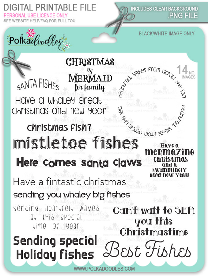 Too Cute Christmas Fishes Sentiments Bundle -  Holiday digital stamp downloads
