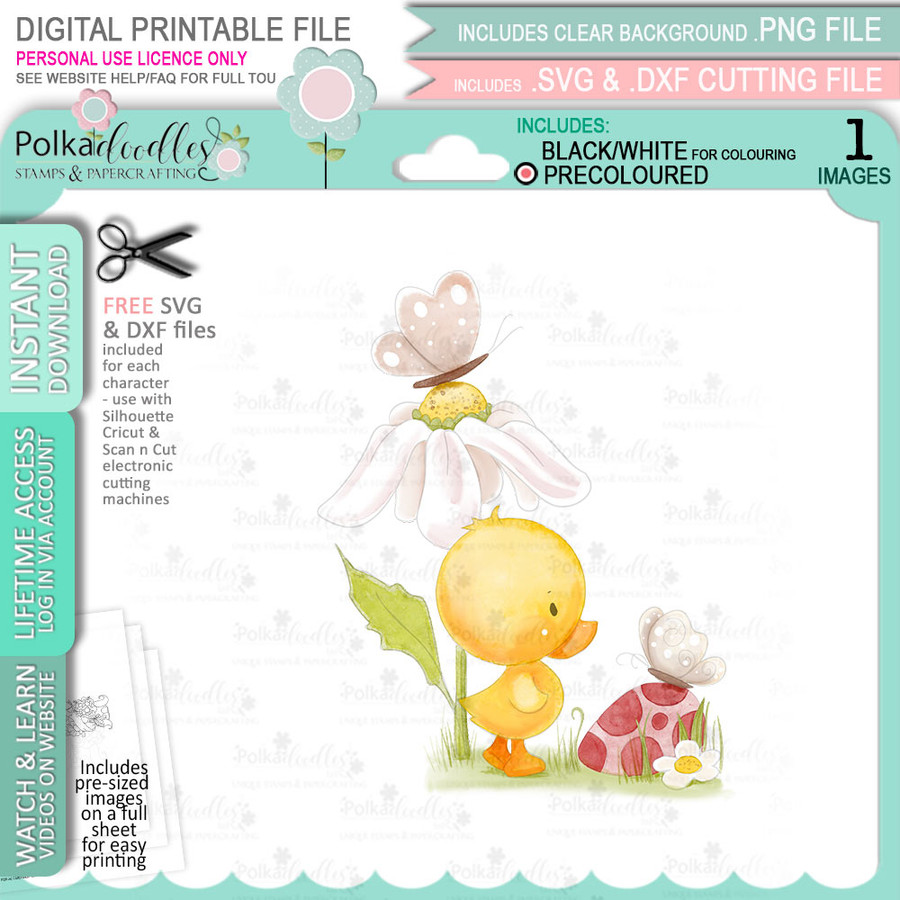 Butterfly Chick PRECOLOURED Spring into Easter cute printable craft digital stamp download