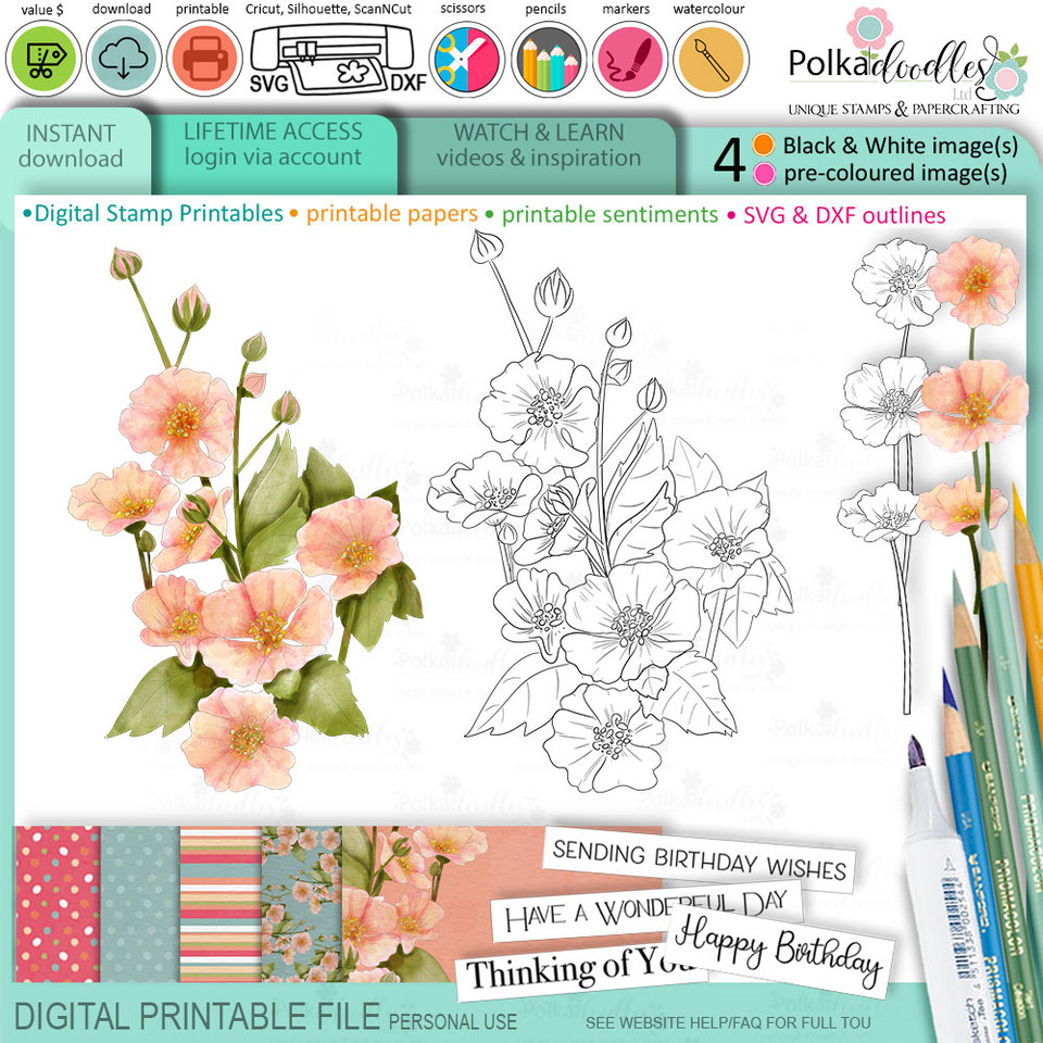 Watercolour Flower Stem printable craft digital stamp download SVG