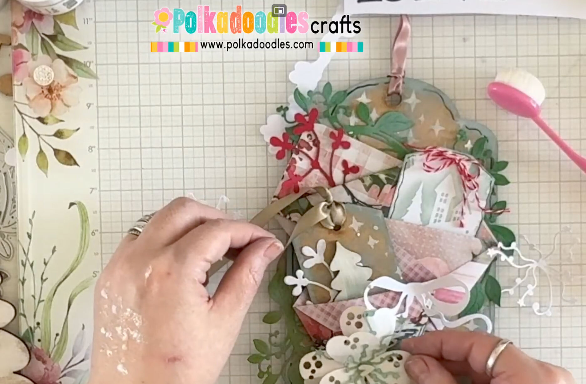 Christmas MDF tag craft project with three diaper fold pockets using Polkadoodles Christmas dies and stencils