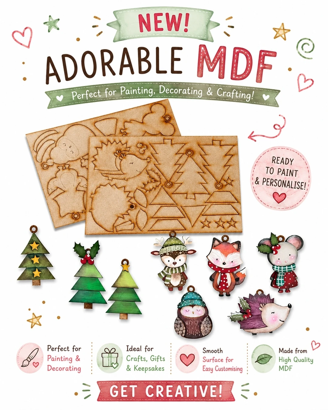 cute christmas animals and critter MDF wood blanks for decorating crafts