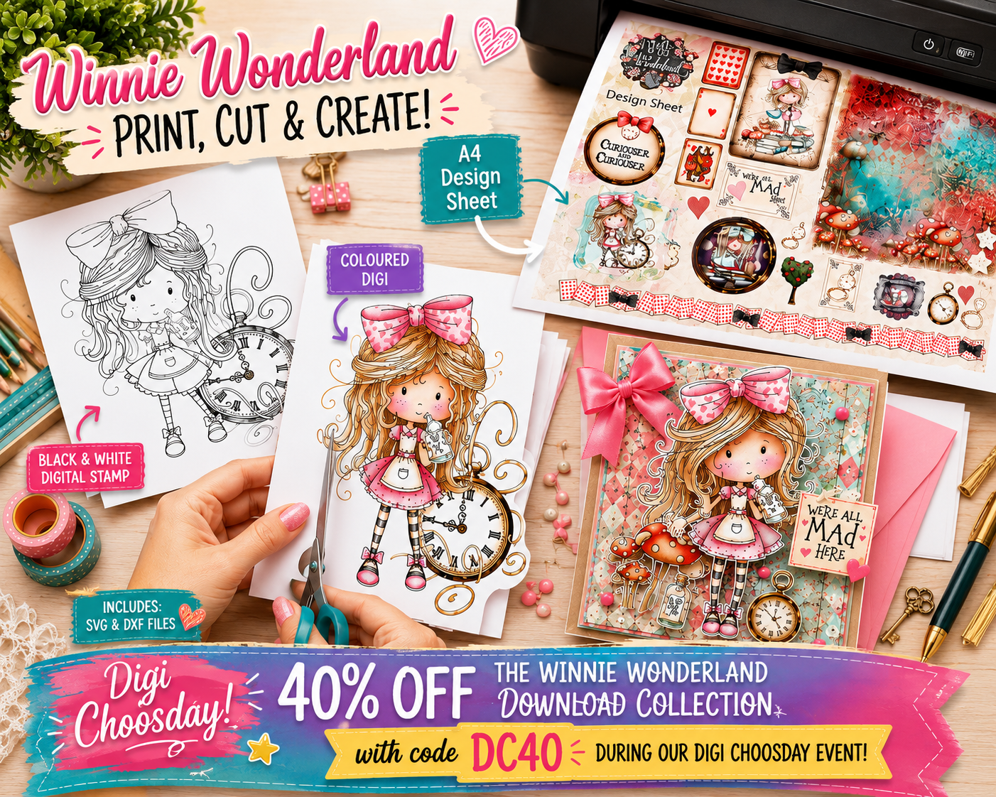 Alice in wonderland inspired printable digital stamps and downloads clipart, junk journals
