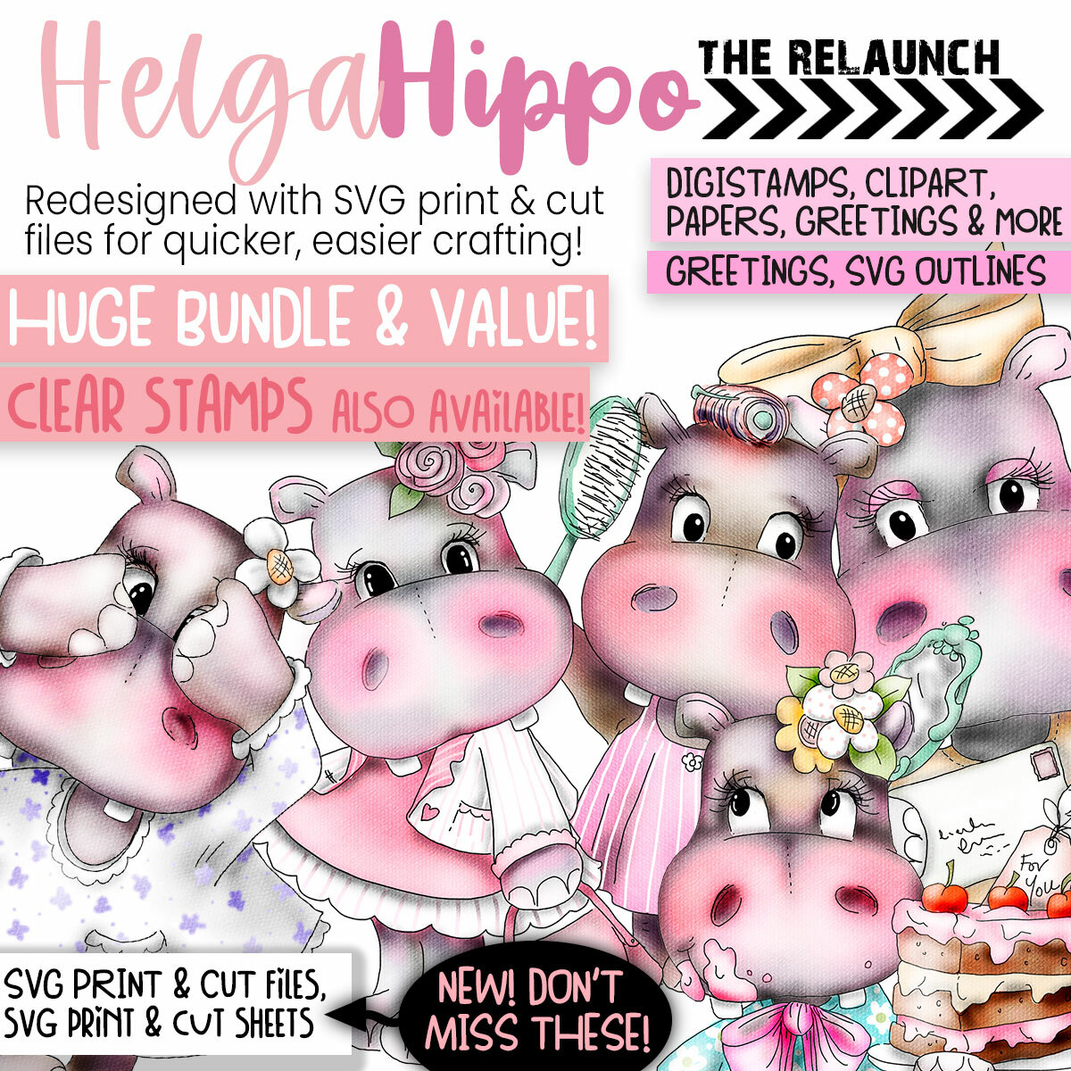 cute helga hippo digital stamp printable crafts card making scrapbook stickers