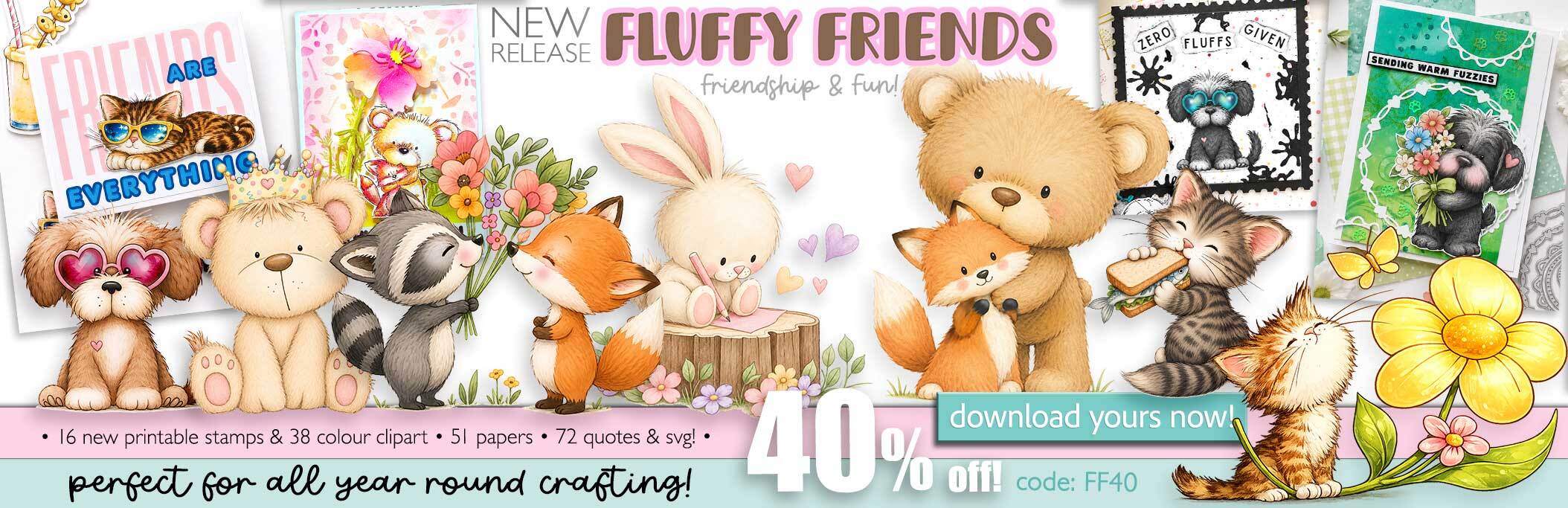 cute critters animals bears, cats dogs, racoon, fox, bunny printable digital craft downloads for card making, craft stickers, junk journals