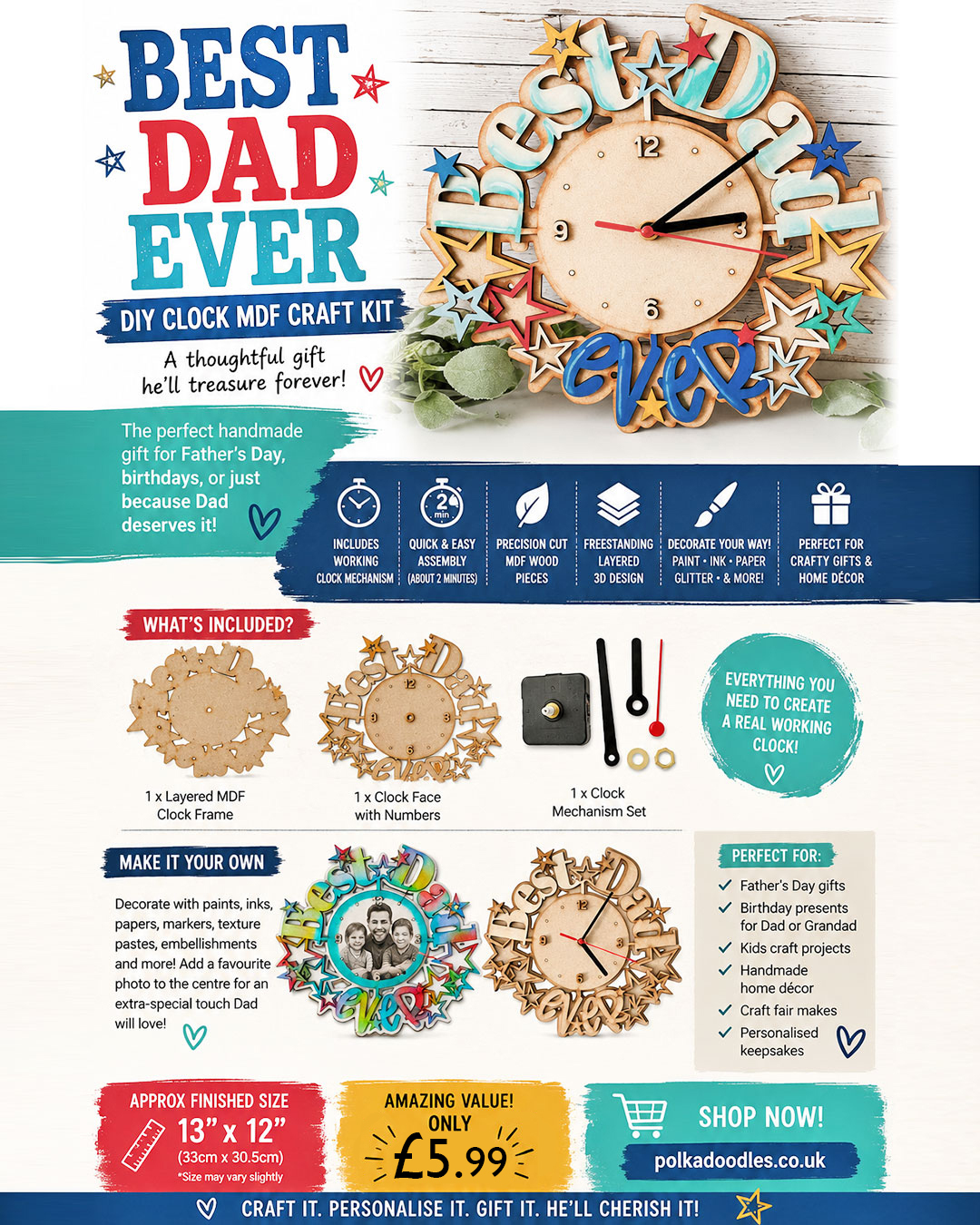Best Dad Ever MDF 3D clock kit for crafting