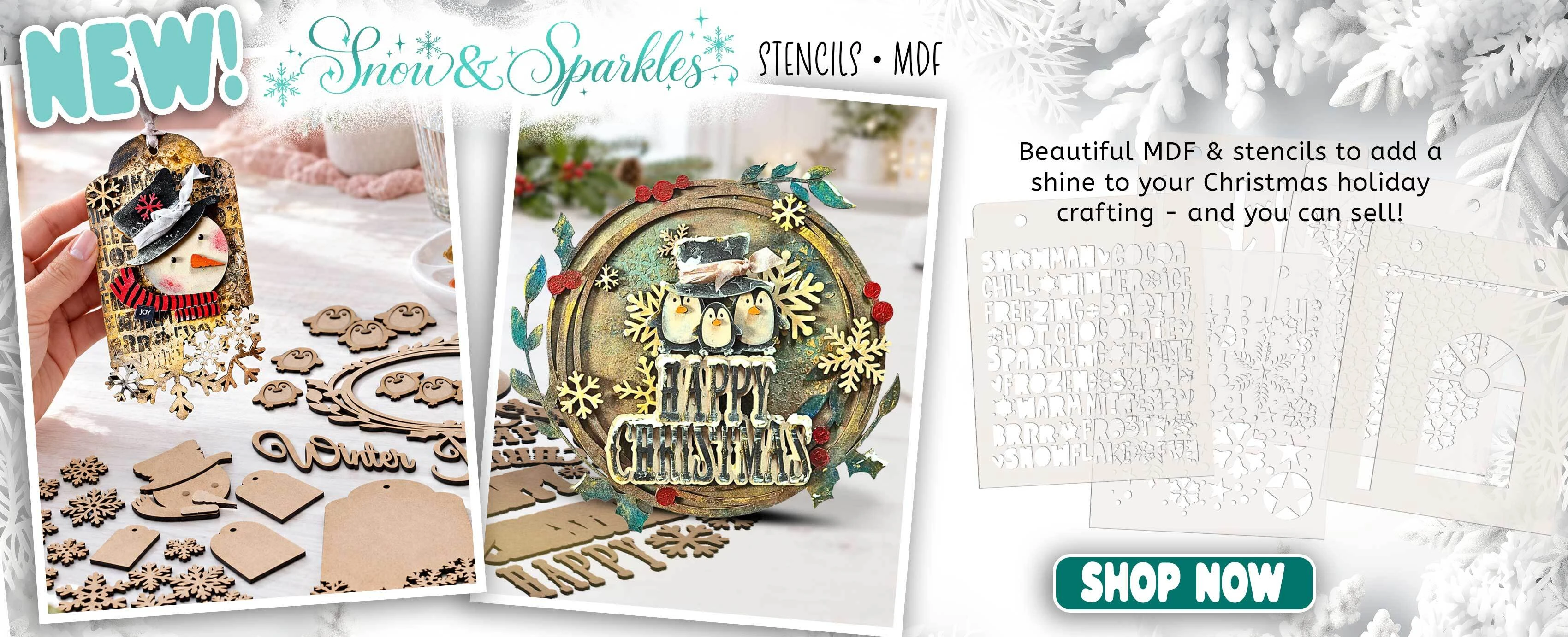 Snow & Sparkles Snowman craft stamps, dies, stencils, mdf wood blanks for Christmas holiday card making, crafting, scrapbooking, junk journals