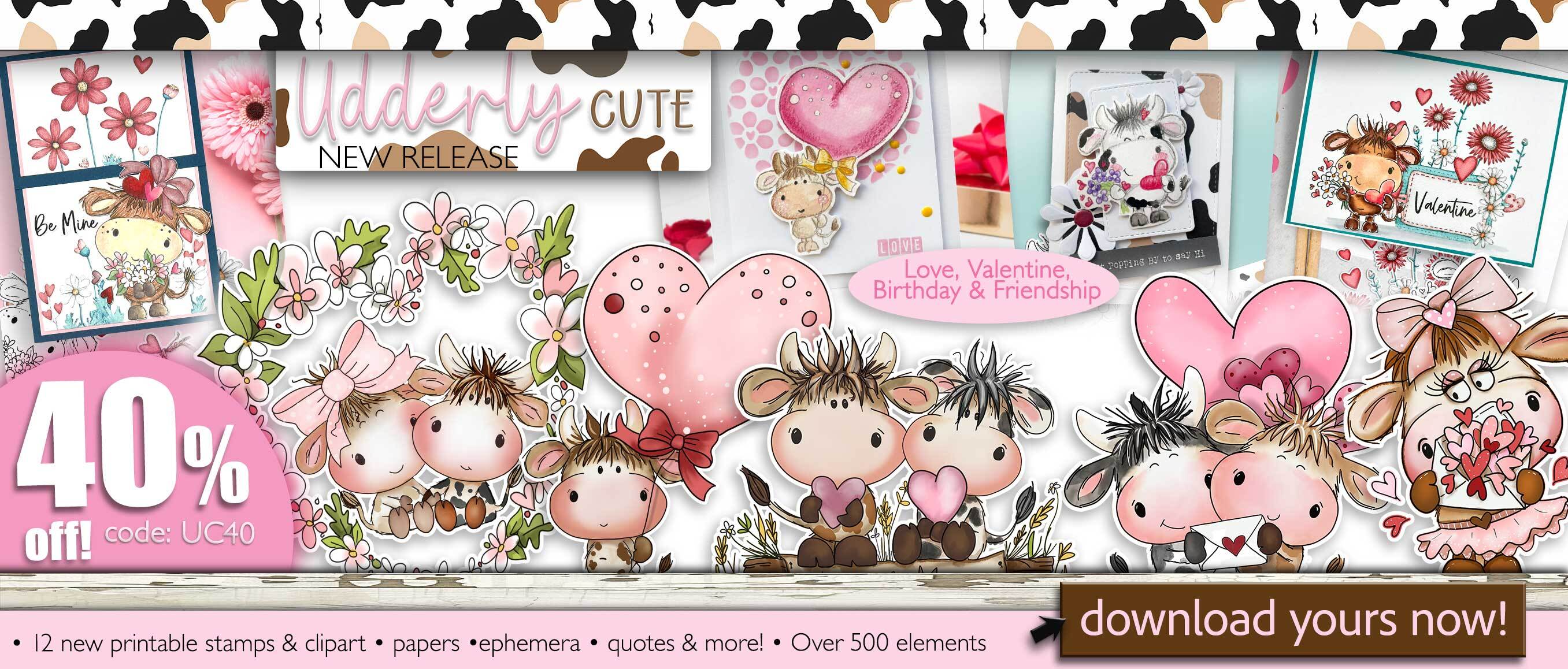 Udderly Cute cows digital craft stamps, card making printables, junk journal, digi scrapbooking, coloring pages,love romance friendship