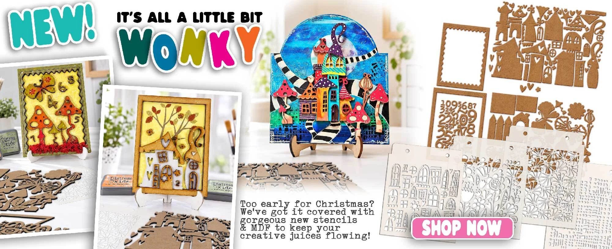 Wonky houses craft stencils and mdf wood blanks for Christmas holiday card making, crafting, scrapbooking, junk journals