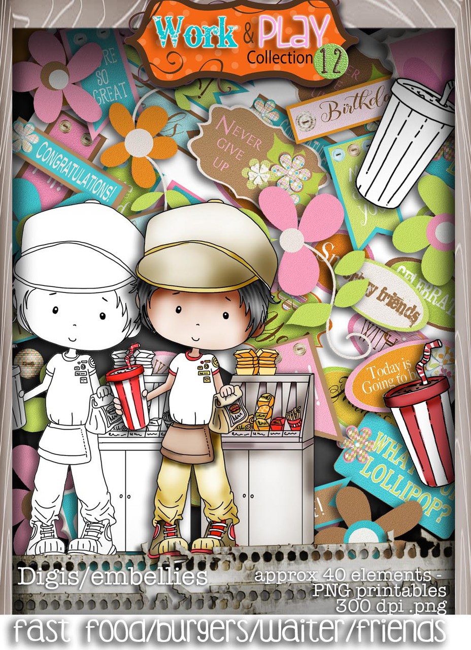 Fast Food/Waiter/burger bundle kit - Digital Stamp Craft Scrapbooking Download