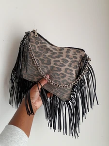 LEOPARD DENIM + FRINGE CONVERTIBLE CLUTCH