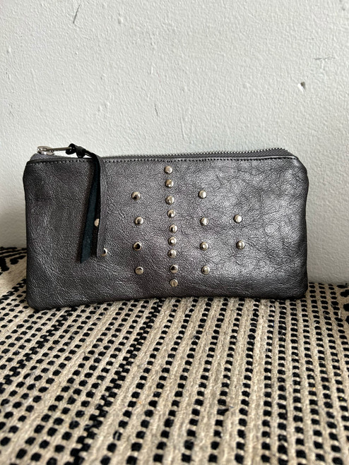 METALLIC PEWTER STUDDED POUCH