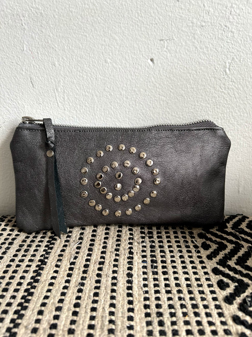 METALLIC PEWTER STUDDED POUCH/SLIM