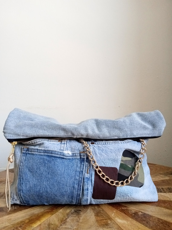 CAMO/MULTI PATCH UPCYCLED DENIM CLUTCH