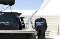 Ski tow bar shown installed on swim deck platform of pontoon boat.