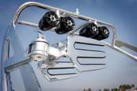 Zoomed in photo of optional wakeboard tower speakers and rotating and locking wakeboard racks designed exclusively for the FreeRide.