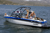The Airborne wakeboard tower shown in powder coated black has a universal design that fit most inboard boats. 