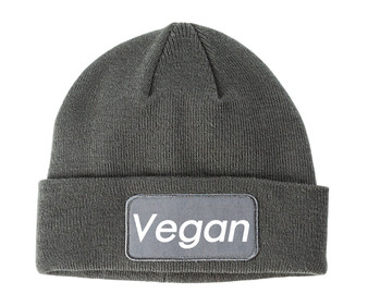 Grey winter beanie hat with the word Vegan in white.