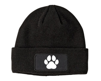 Black cozy winter beanie with a paw print on front patch.