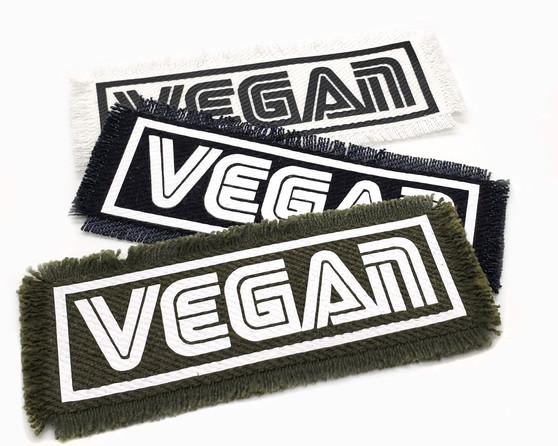 Vegan iron on patch with vintage font.