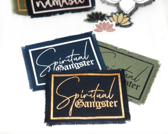 Spiritual gangster iron on patches in a variety of color combinations.