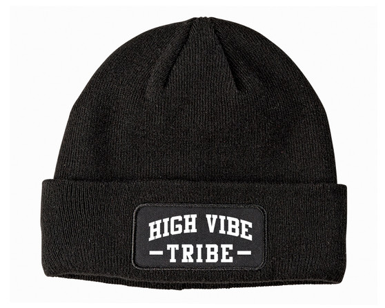 Black beanie with the words High Vibe Tribe on a patch.