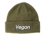 Olive green winter beanie hat with the word Vegan in white.